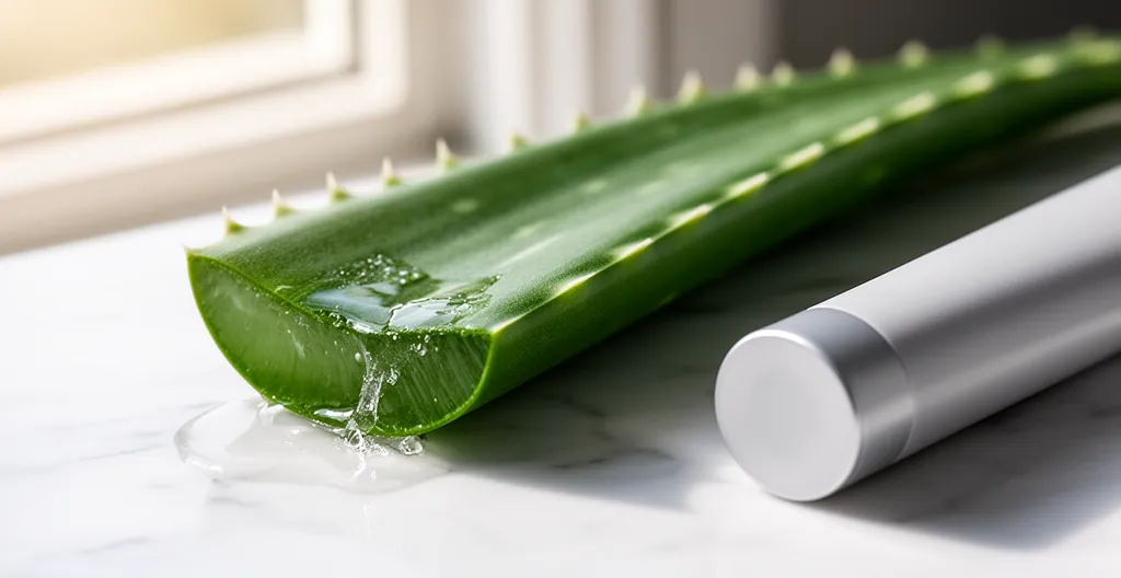 Feuille d'aloe vera coupée révélant le gel translucide à côté d'un tube de soin