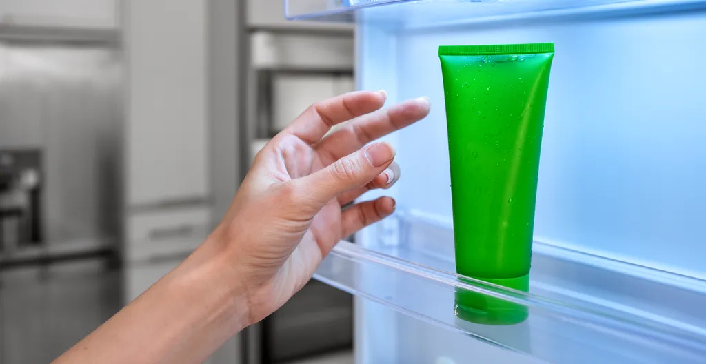 Main saisissant un tube de gel dans la porte d'un réfrigérateur