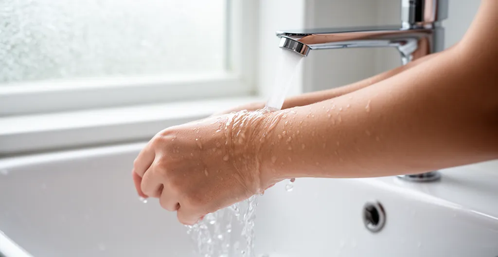Avant-bras sous l'eau fraîche du robinet avant application d'un soin