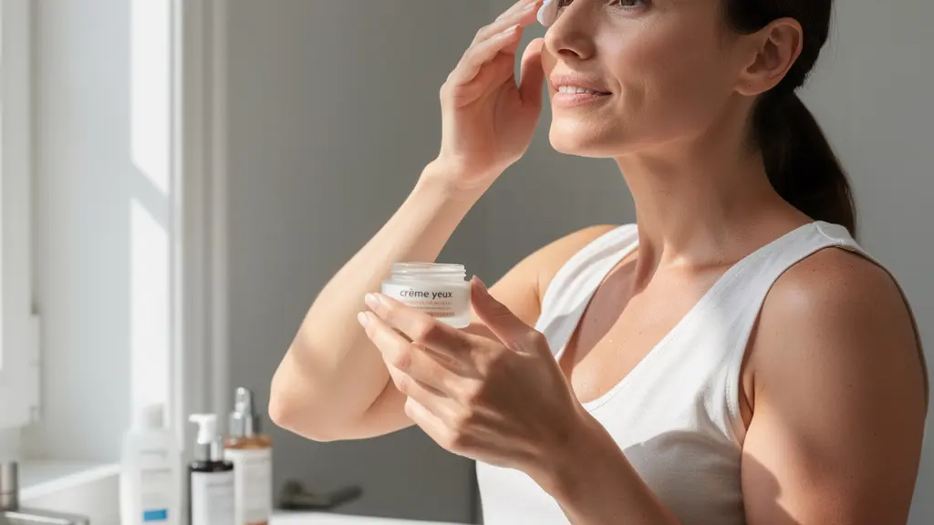 Geste d'application d'un soin contour des yeux par tapotements légers