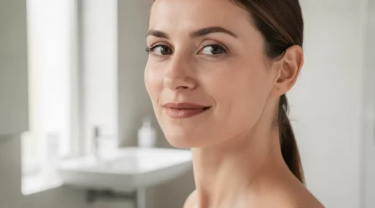 Femme appliquant son soin contour des yeux lors de sa routine beauté matinale